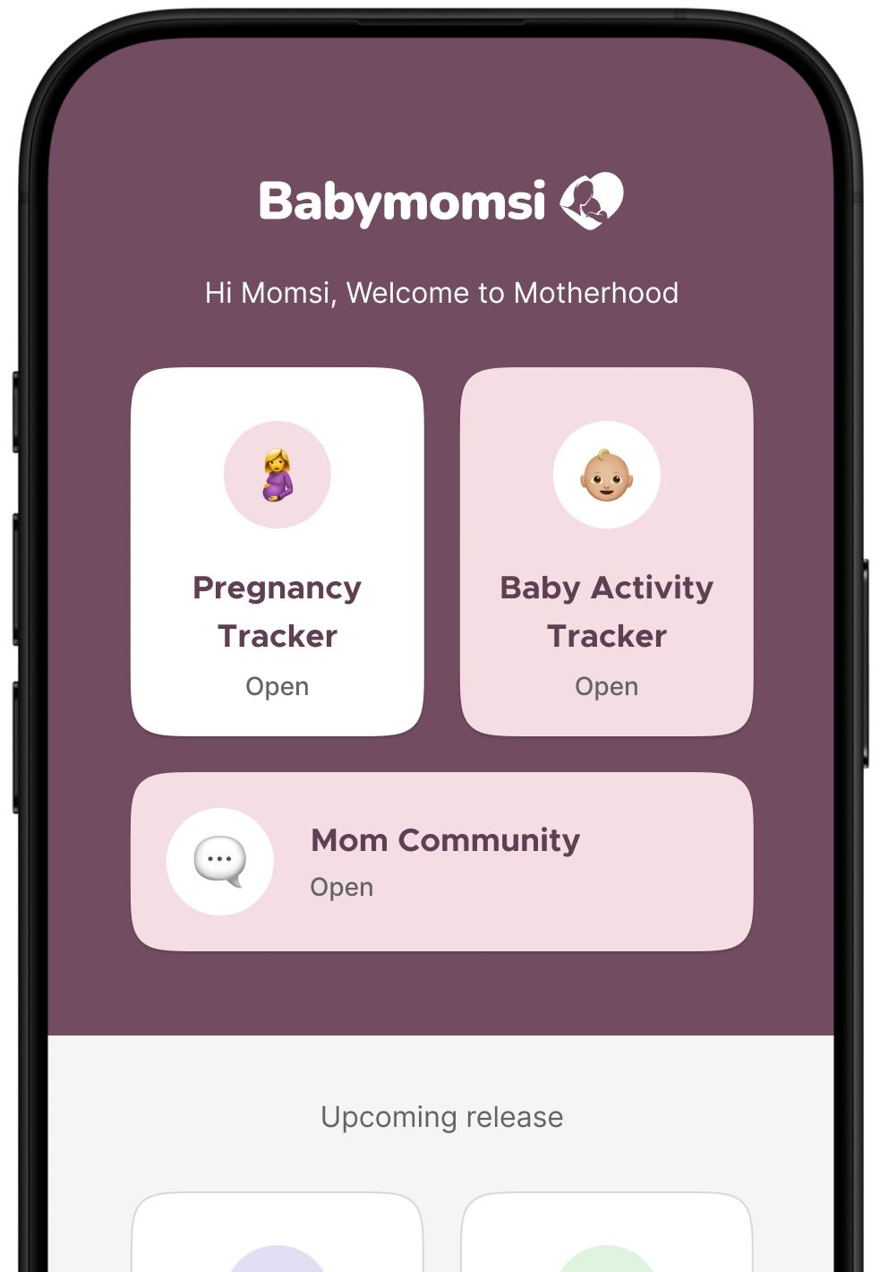 Babymomsi app screenshot, mom care, postpartum, baby tracker app